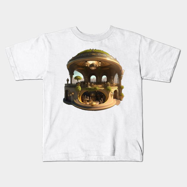 Parnassus Futuristic Fantasy Art Nouveau Cafe Restaurant Kids T-Shirt by entwithanaxe